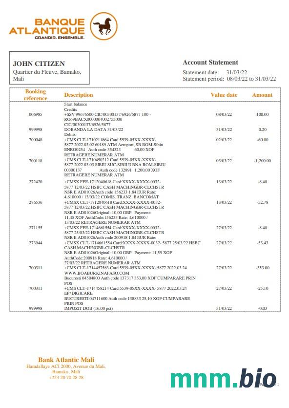 Szablon wyciągu bankowego Malediwy HBL w programie Word i PDF
